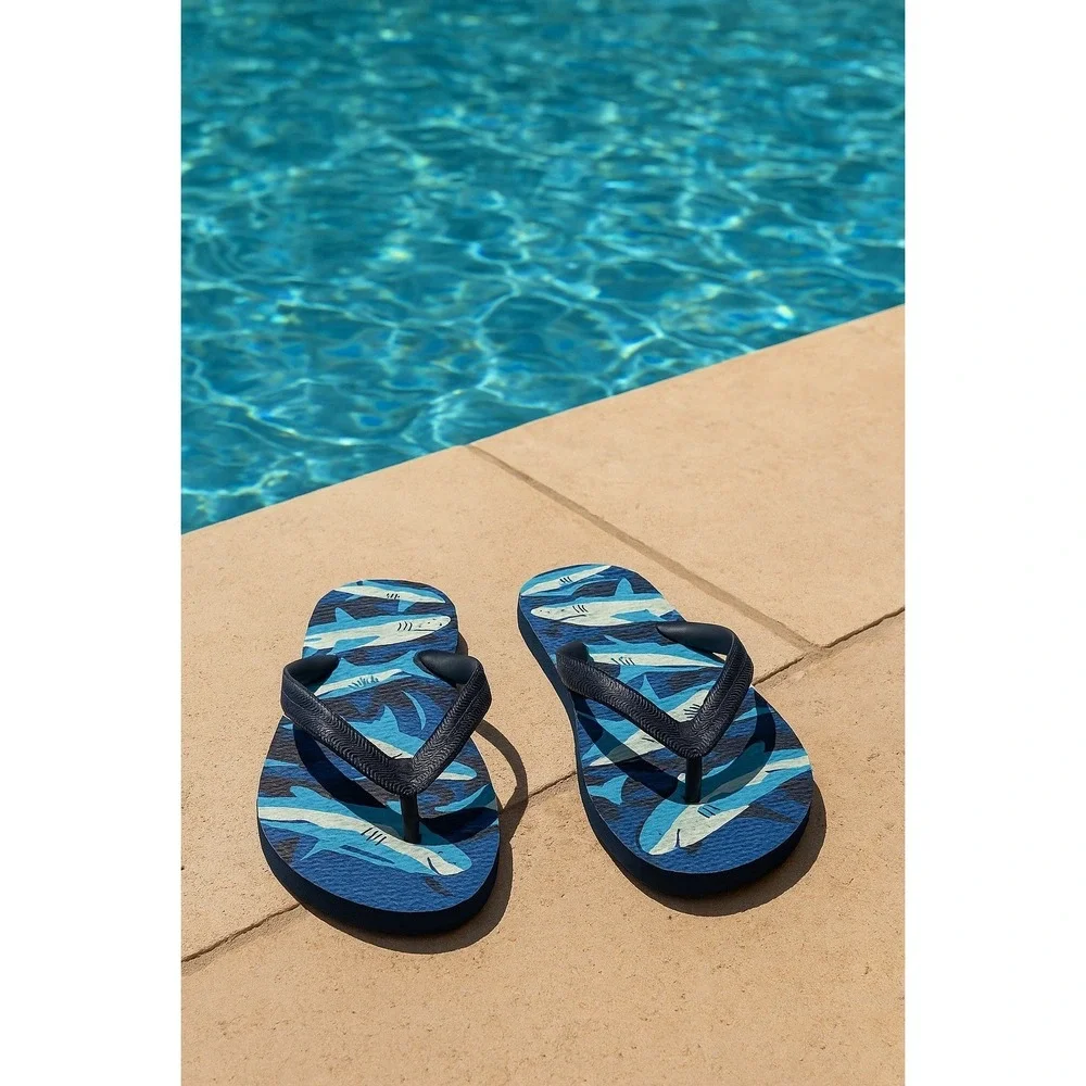 Girls Boys Blue Shark Print Flip Flops Beach Pool‎ Sandals Water Shoes